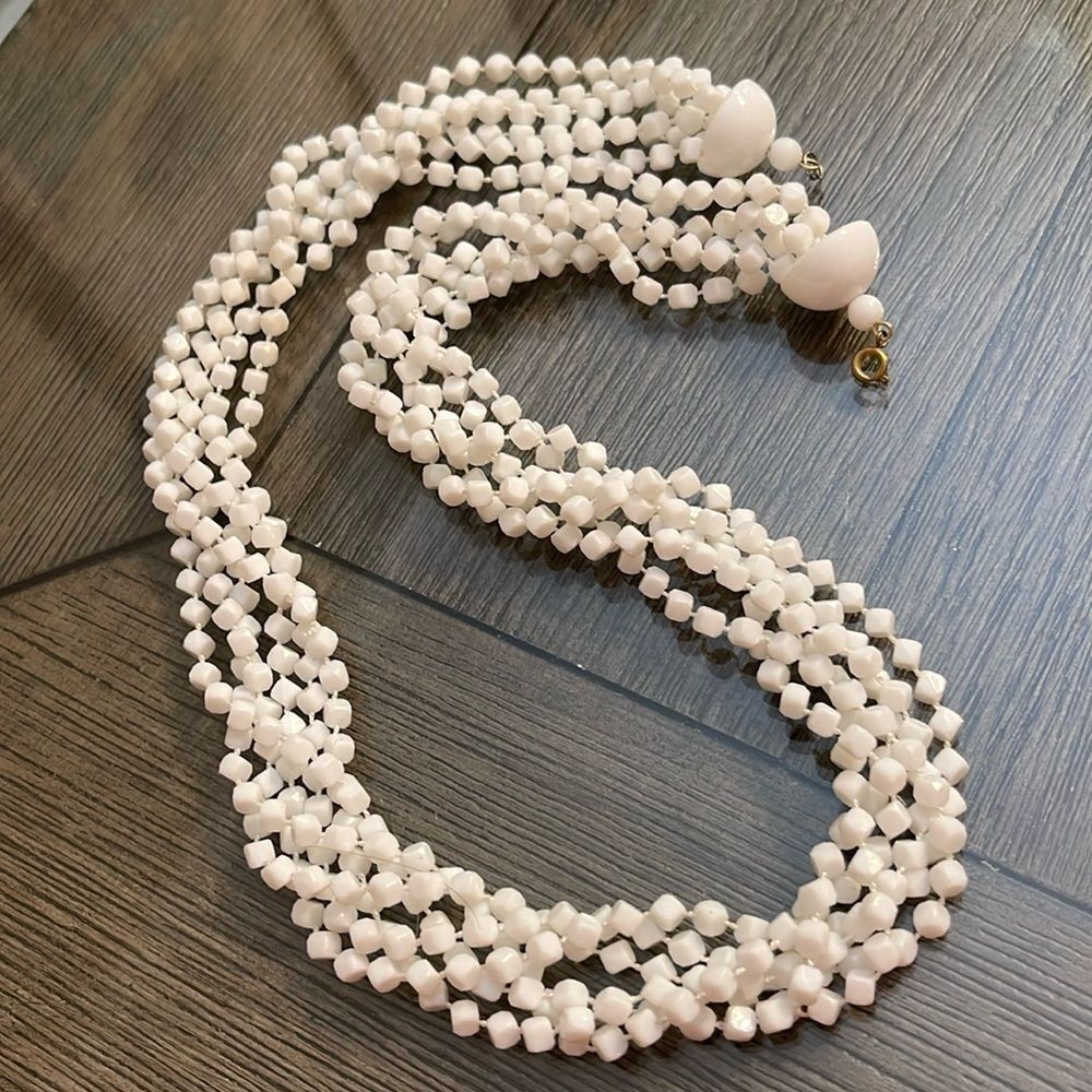 Vintage White Acrylic Square Beaded Muti Strand Necklace
